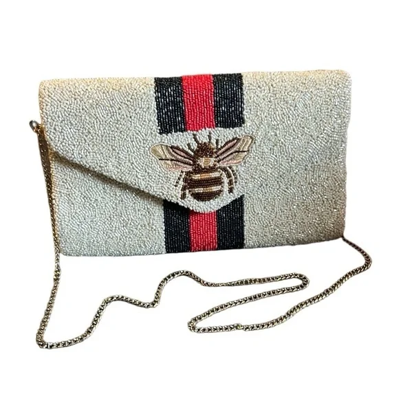 Tiana Handmade Beaded Clutch Handbag in Red White Blue with Bee Accent and Chain - Picture 3 of 7